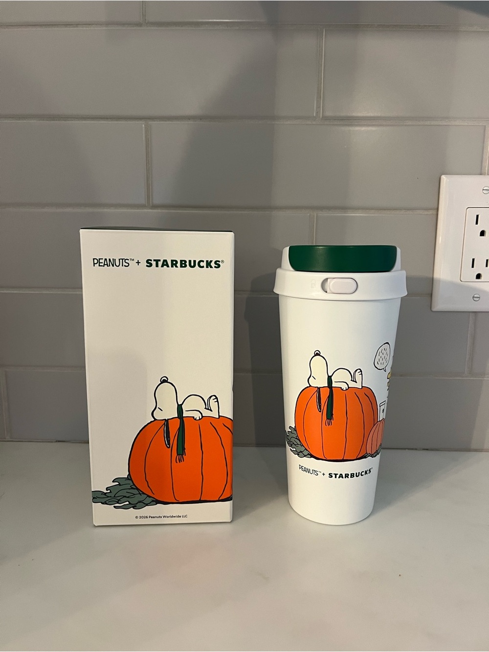 Starbucks Peanuts White Tumbler with Orange Pumpkin and Green Lid